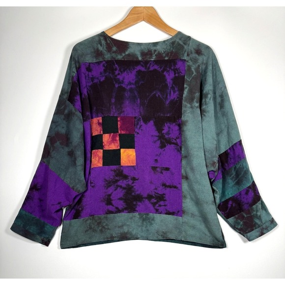 Beth Nash Silk Blouse XS Green Purple Tie Dye Patchwork Artsy Oversized Top - Picture 3 of 16